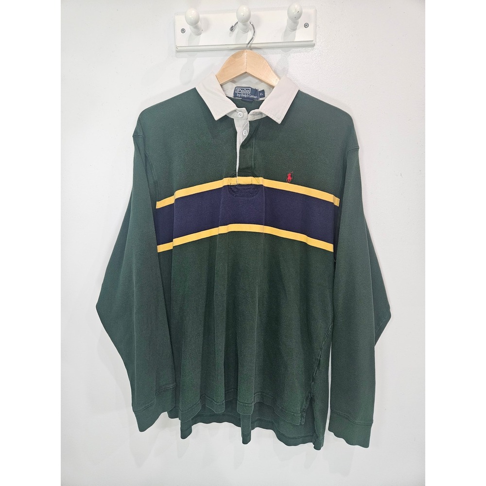 Polo Ralph Lauren Mens XL Rugby Shirt Green Navy Yellow Stripe Long Sleeve Top